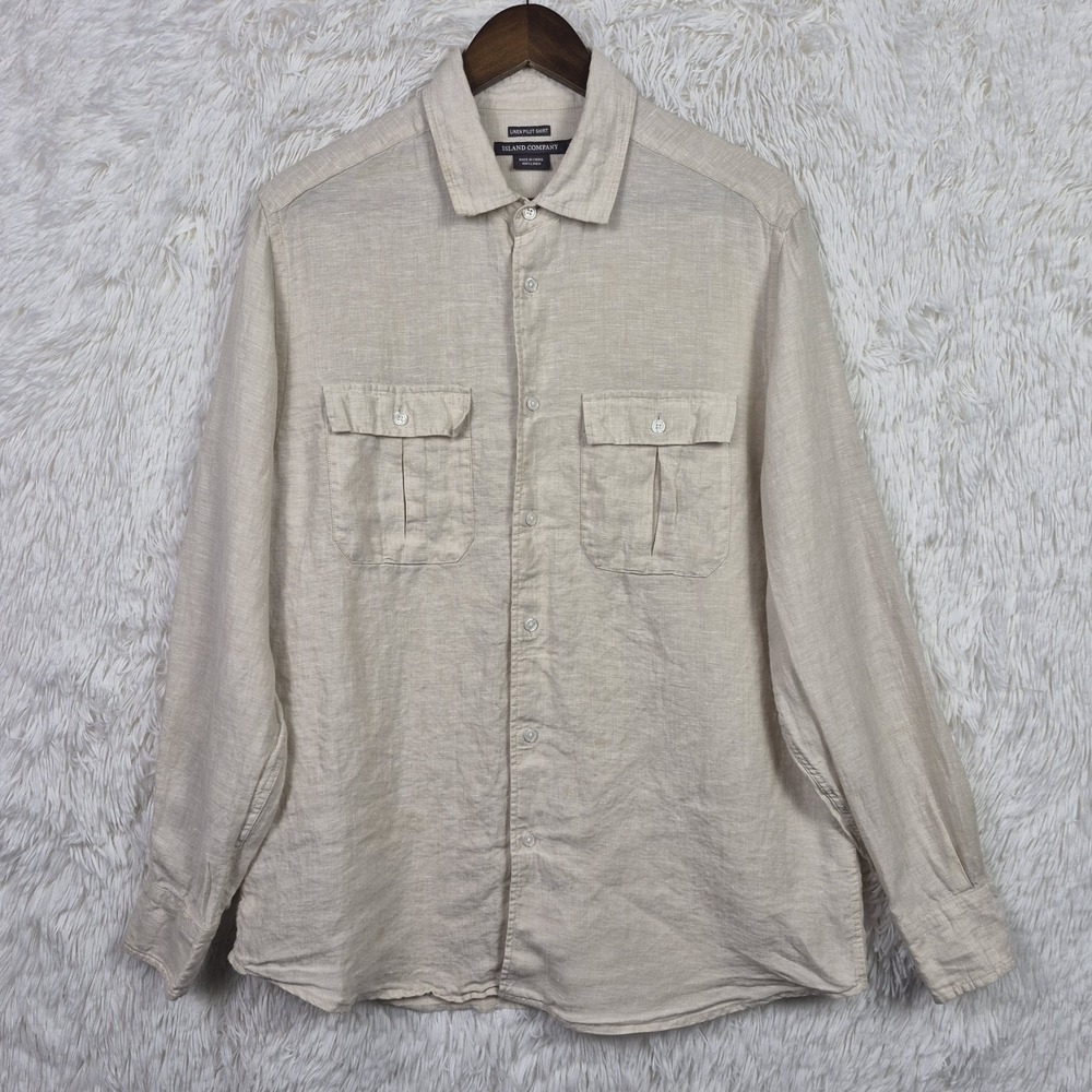 Island Company Linen Pilot Shirt Long Sleeve Roll Tab Mens Medium Beige Resort